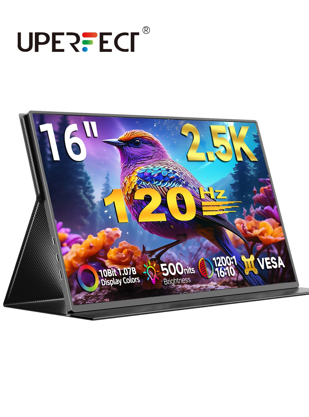 

UPERFECT 2K 120Hz Portable Gaming Monitor 16" 16:10 500Nits 10Bits External Screen for Laptop w/VESA & Cover HDR FreeSync