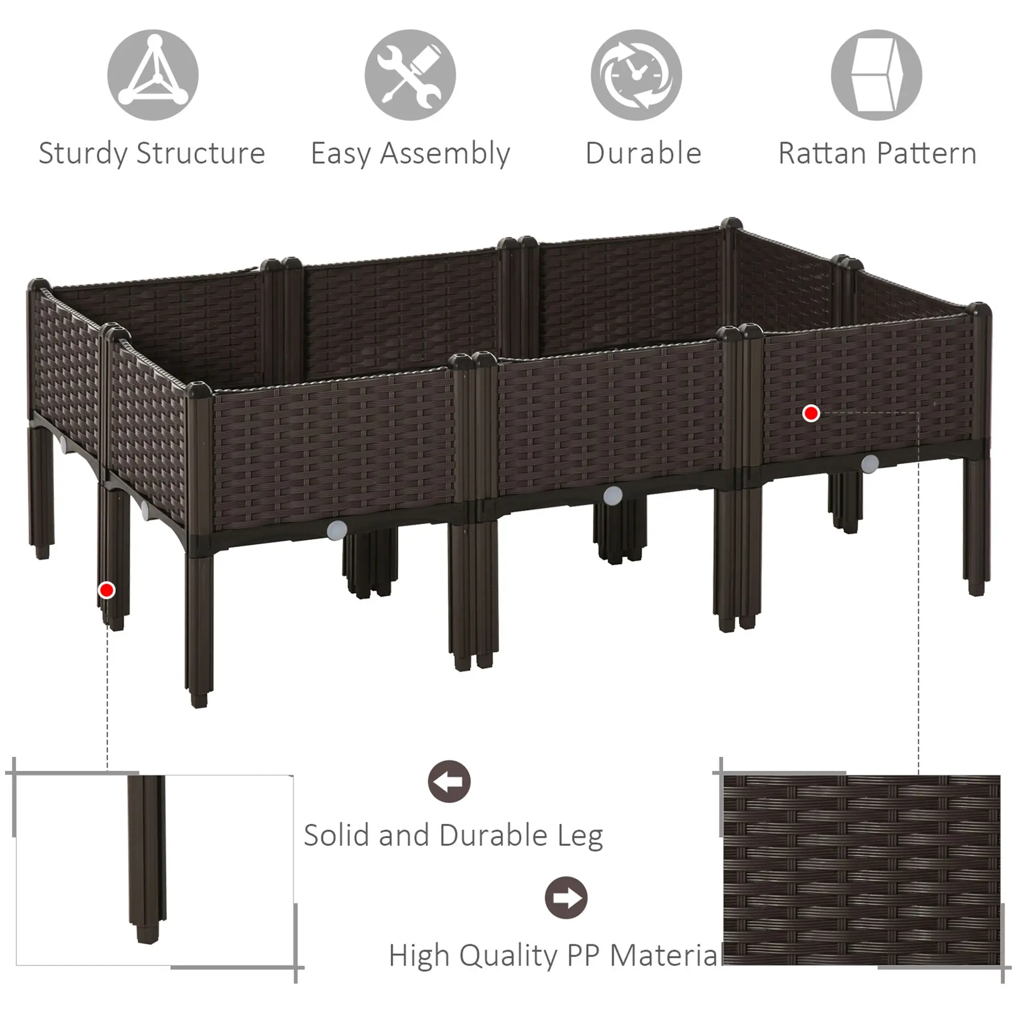 Set of 6 Raised Flower Beds Vegetable Herb Plant Stand - 40 X 40 X 44 Cm, Brown
