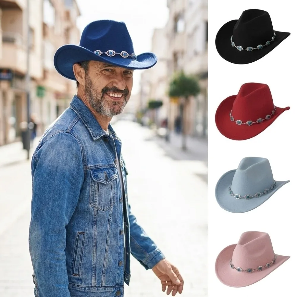 Turquoise Cowboy Hat Wide Curved Brim High Crown Felt Fedora Hat Unisex Metal Chain Decor Western Cowgirl Hat