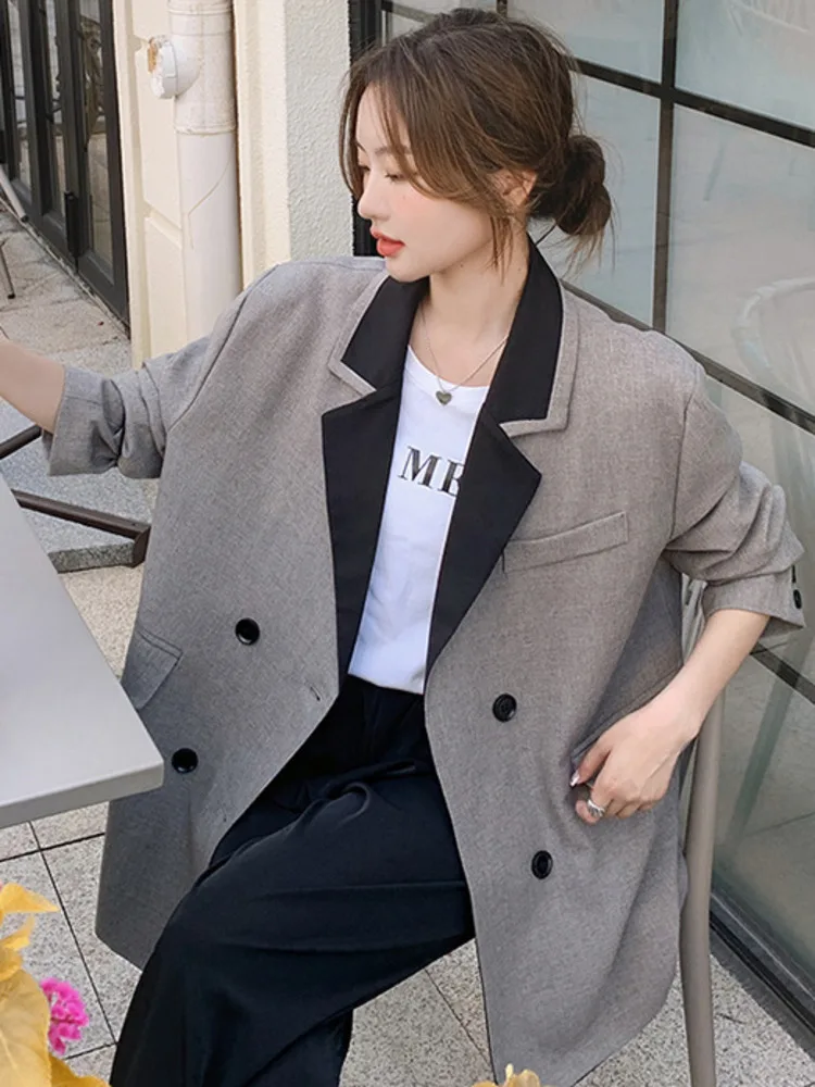 LANMREM Korean Style Design Contrast Color Notched Collar Long Sleeves Double Breasted Female Fashion Coat 2024 Autumn 2DA8380