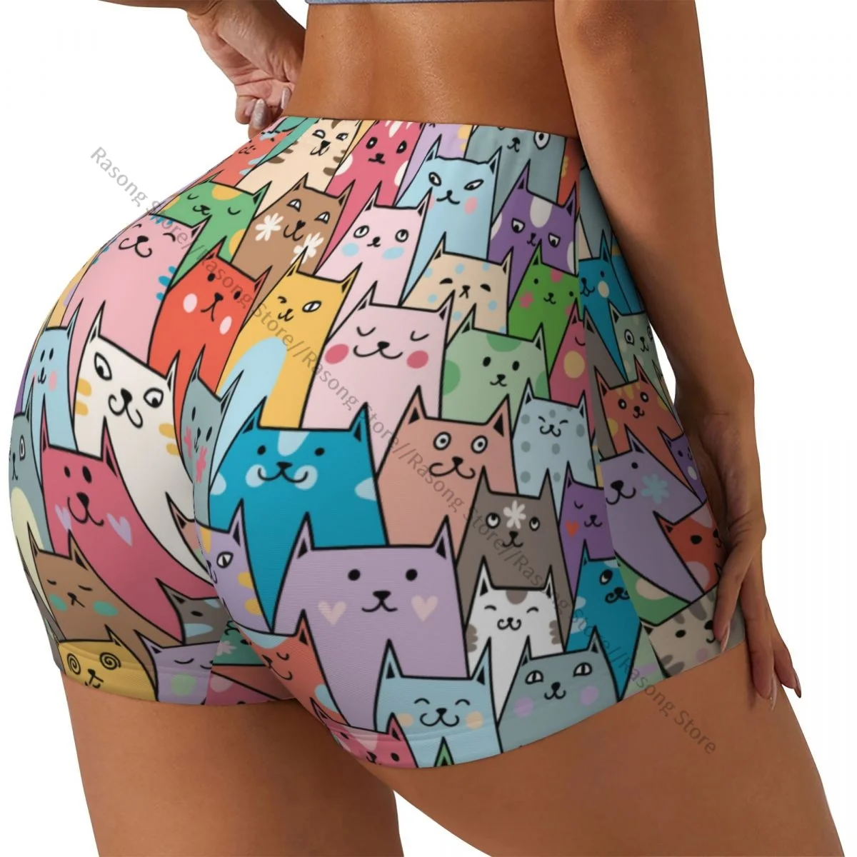 Spandex Yoga Shorts for Women Cute Kitty Cat Face Workout Booty Shorts