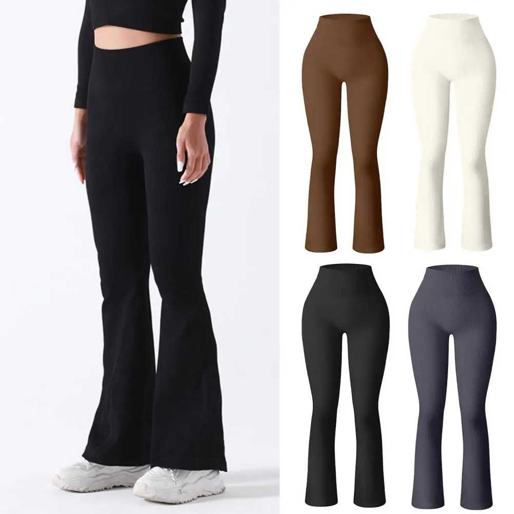 Women Yoga Pants High Waist Leggings Solid Color Elastic Seamless Flared Hem Tummy Control Sports Trousers