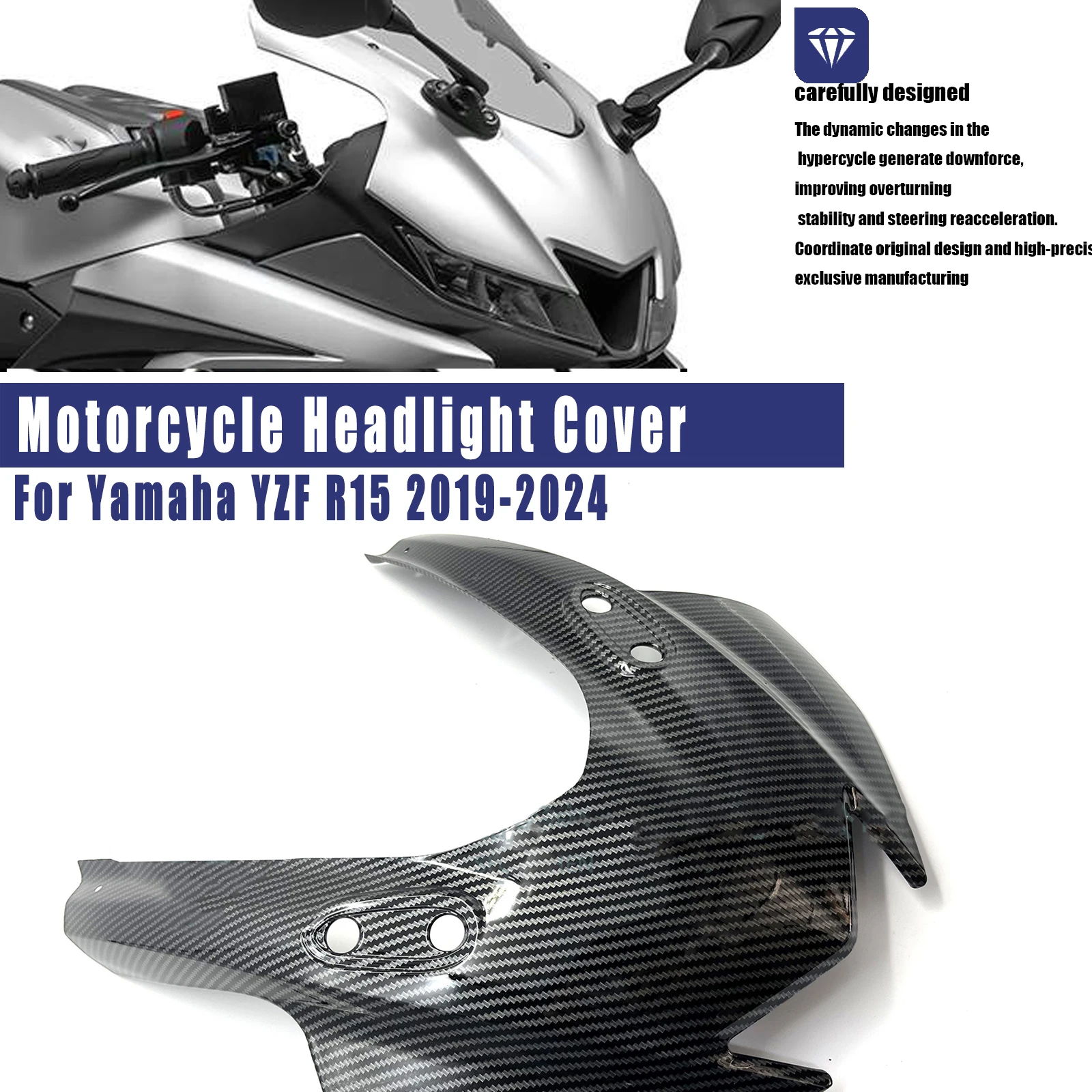 For Yamaha YZF R15 2019-2024 Motorcycle Accessories ront Upper Fairing Headlight Cover Nose Plate Front Cover ABS Carbon Fiber ﻿