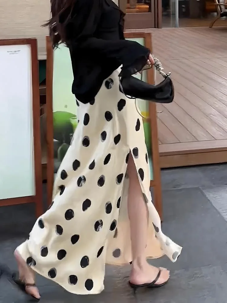 Falda de seda con lunares de media longitud para mujer, falda larga asimétrica de cintura alta a la moda, vestido informal el...