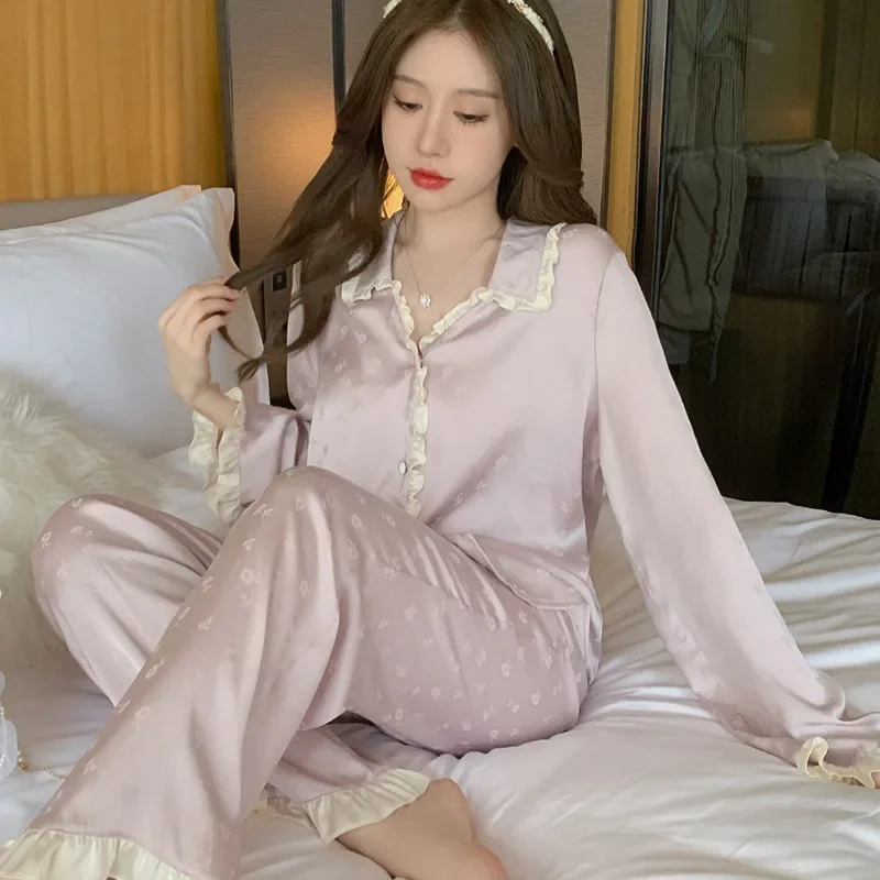 Cute Girl Princess Style Satin Silk New Spring and Summer Long-sleeved Trousers Two-piece Set Student Dormitory Home Wear Pink