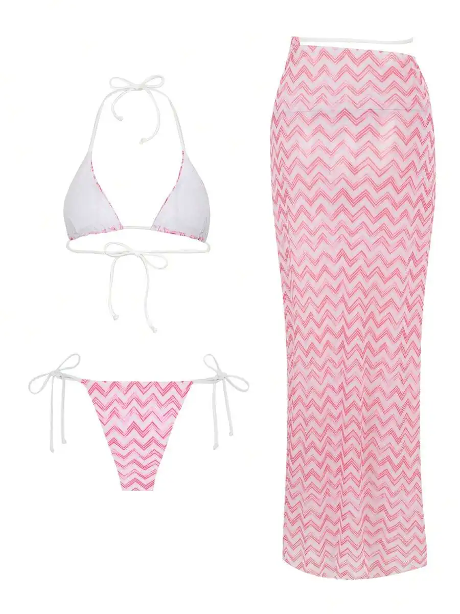

3-Piece Pink Chevron Print Swimsuit Set With High Waist Skirt Cover Up
