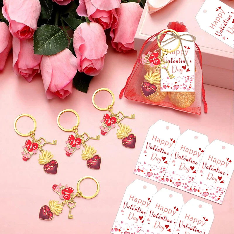 6 مجموعات من هدايا عيد الحب للأزواج، 6 سلسلة مفاتيح على شكل قلب، 6 علامات ملصقات للهدايا، 6 أكياس أورجانزا حمراء، هدايا تبادل الزوجين #2