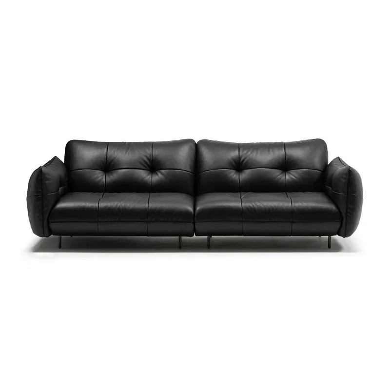 French retro leather sofa, living room straight three-person sofa black