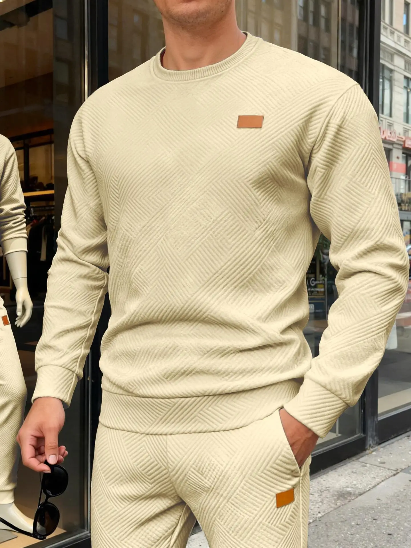 

Новая мужская свободная текстурированная толстовка без капюшона из смесового хлопка и полиэстера, удобная, повседневная