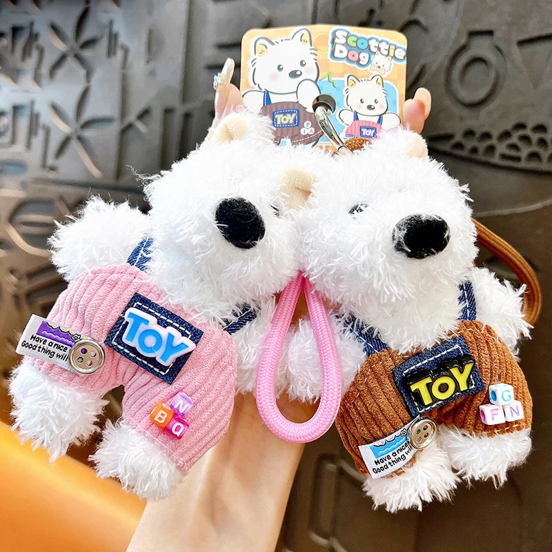 Kawali West Highland Plush Puppy Doll Keychains Pendant Car Decoration Cute Wearing Suspenders Dog Keyring Kids Birthday Gift