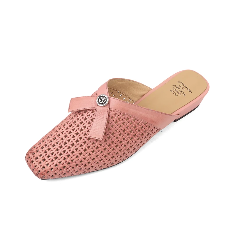 Genuine Leather Braided Slippers For Women Covered Toe Breathable Mesh Mules Ladies  Leisure Heel Sandals