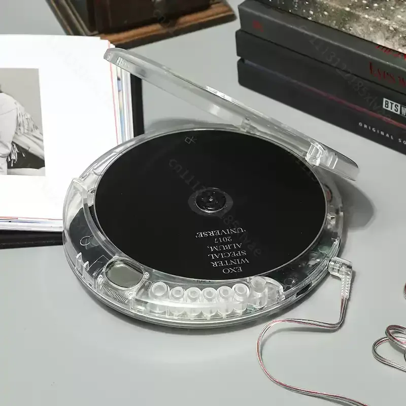 Retro Fully Transparent Portable CD Player, Personal CD Music Player with Headphones and USB Cable