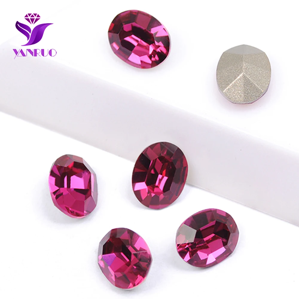 YANRUO 4128 Oval Fuchsia K9 Crystal Sew On Diamond Sewing Crystal Rhinestones Claws Gold Silver Rhinestones Setting For Jewelry