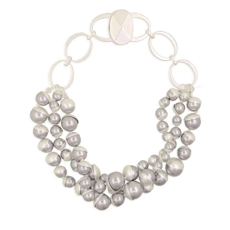 Silver Metal Layers Pearl Choker Necklace