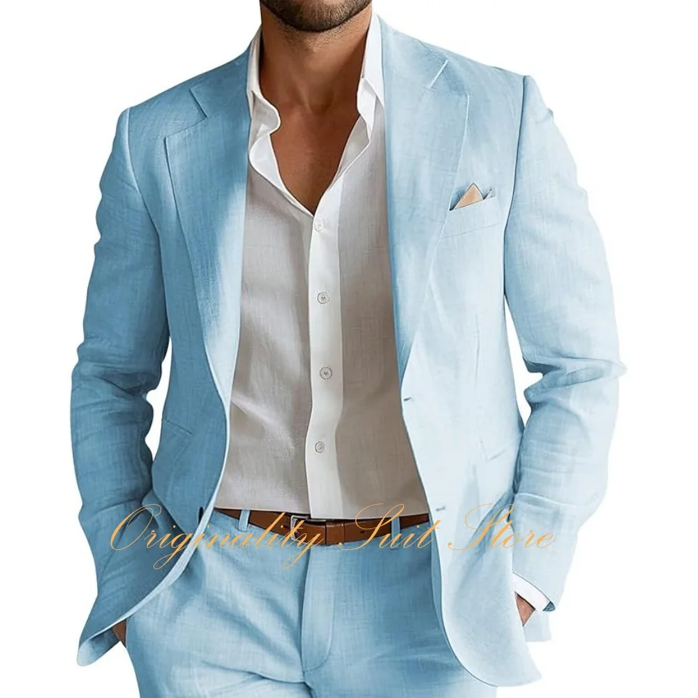 Men's Linen Suit 2 Piece Slim Fit Linen Suit for Men Beach Wedding Two Button Summer Casual Prom Party Suits Set