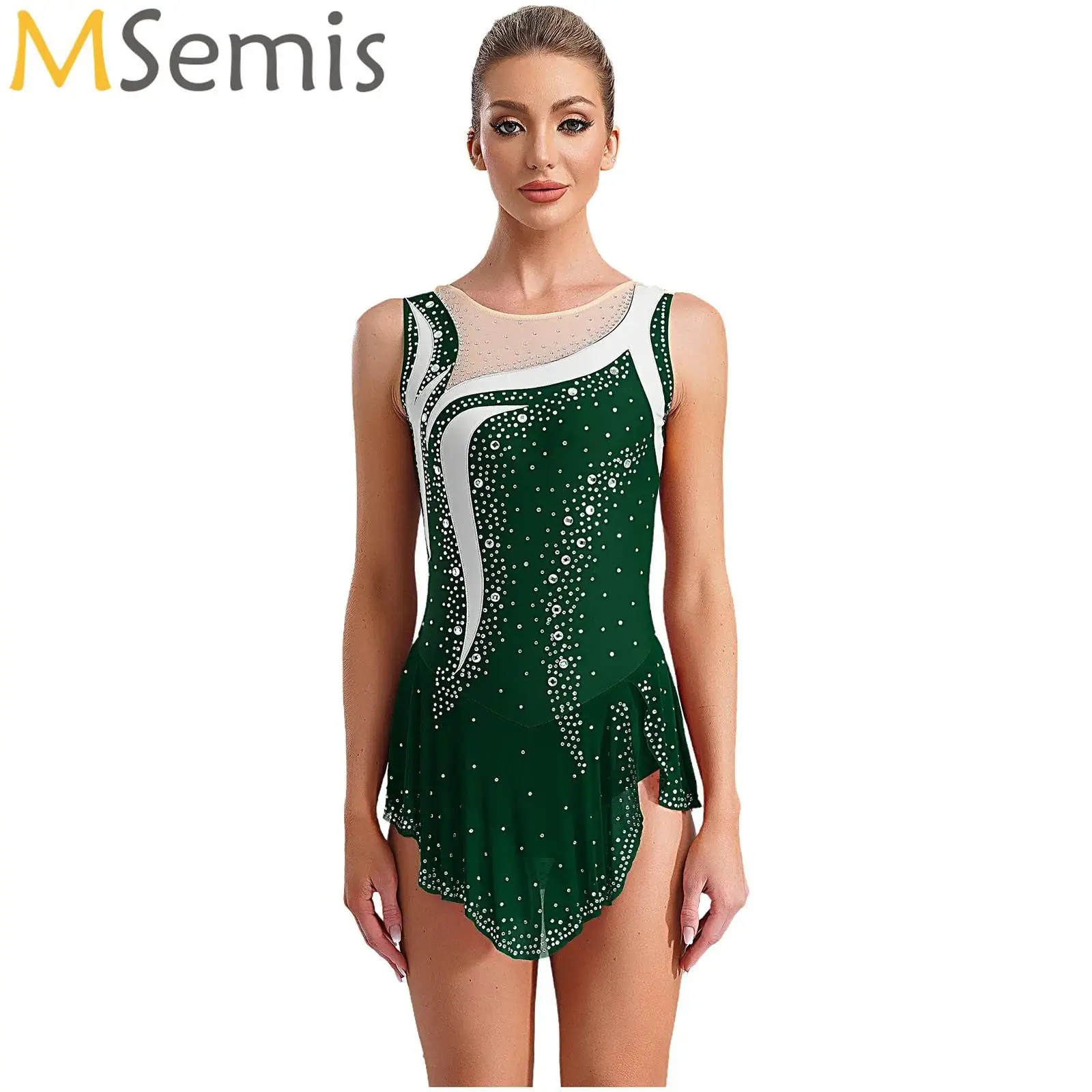 

Women Sleeveless Rhinestones Split Overlay Leotard Dress for Figure Skating Rhythmic Gymnastics Ballet Lyrical Dance Competition