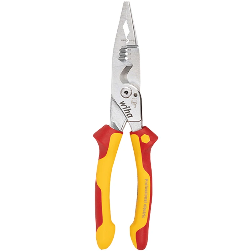 

Wiha 45489 8-in-1 Multifunctional VDE Insulated Electrician Plier for Clamping Tightening Bending Cutting Crimping Stripping