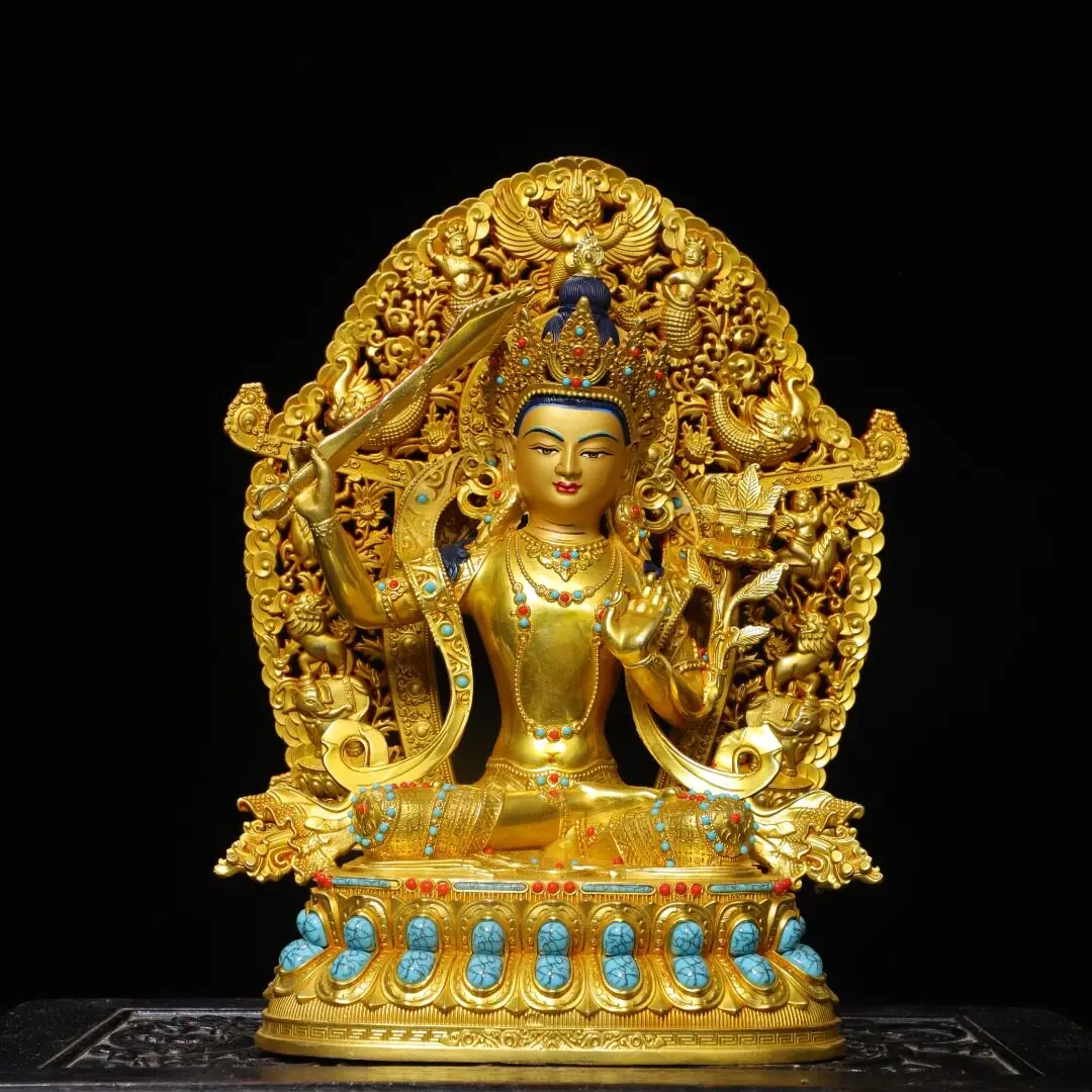 Tibetan Pure Brass Full Gilt Manjushri Sword Buddha Statue Backlight Home Altar Vintage Decor