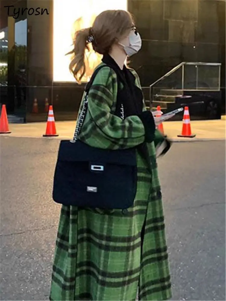 

Green Woolen Plaid Coats for Women Fashion Autumn Winter Classy Vintage Long Outerwear Aesthetic Loose Ulzzang Female Clothes