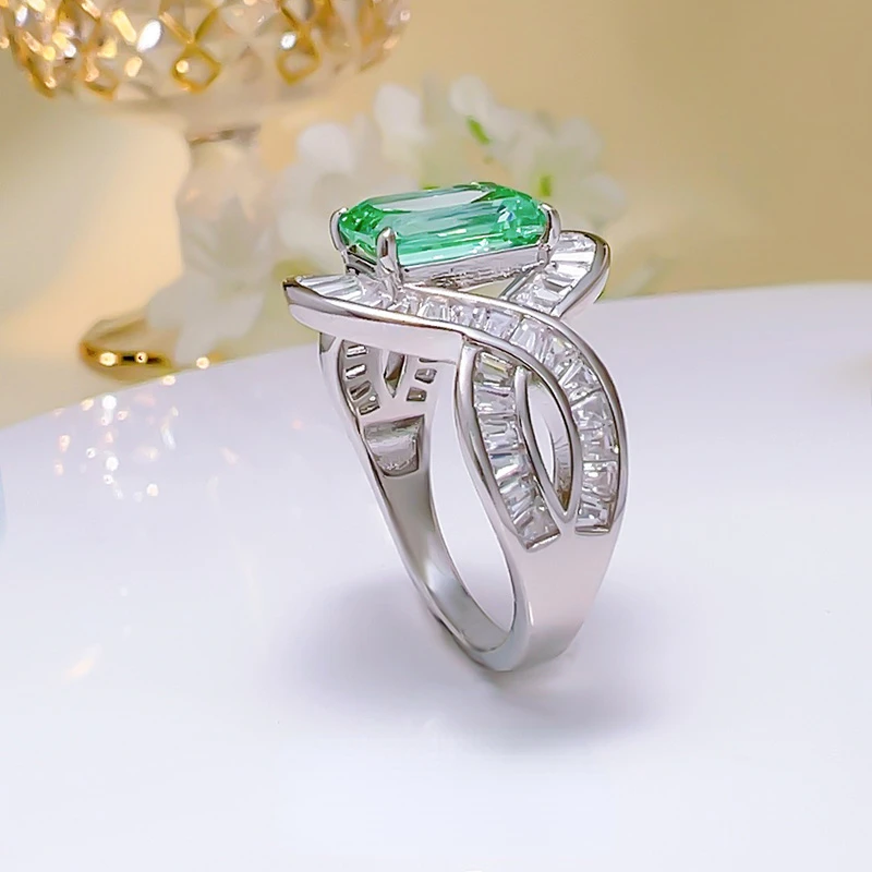 Artificial Palaiba Green Tourmaline Ring Emerald Cut Rock Sugar Rectangular T Square Diamond 925 Silver High Carbon