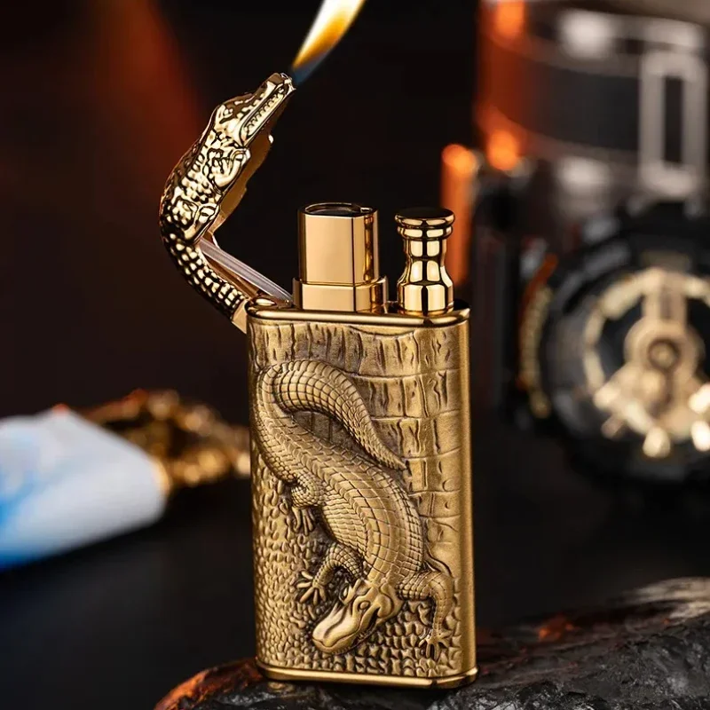 Creative 3D Embossed Crocodile Double Fire Lighter Metal Windproof Jet Fire Open Flame Convertible Gas Lighter Gift