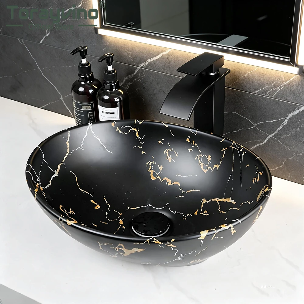 Torayvino Marbling Oval Bathroom Vessel Sink Ceramic Basin Vanity Above Counter with Matte Black Mixer Faucet Pop-up Drain