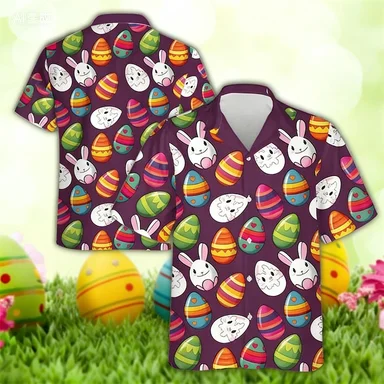 

2026 New Cute Rabbit Colorful Egg Print Fun Hawaiian Shirt Fashion Trend Holiday Gift T-shirt
