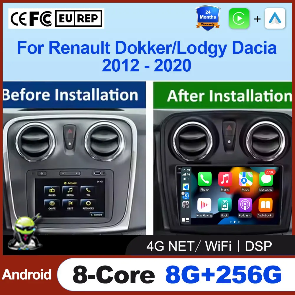 Car Radio Multimedia for Renault Lodgy Dacia Dokker 2012 - 2020 Android 16 Auto Wireless Carplay 4G +WIFI BT DSP Stereo GPS NAVI