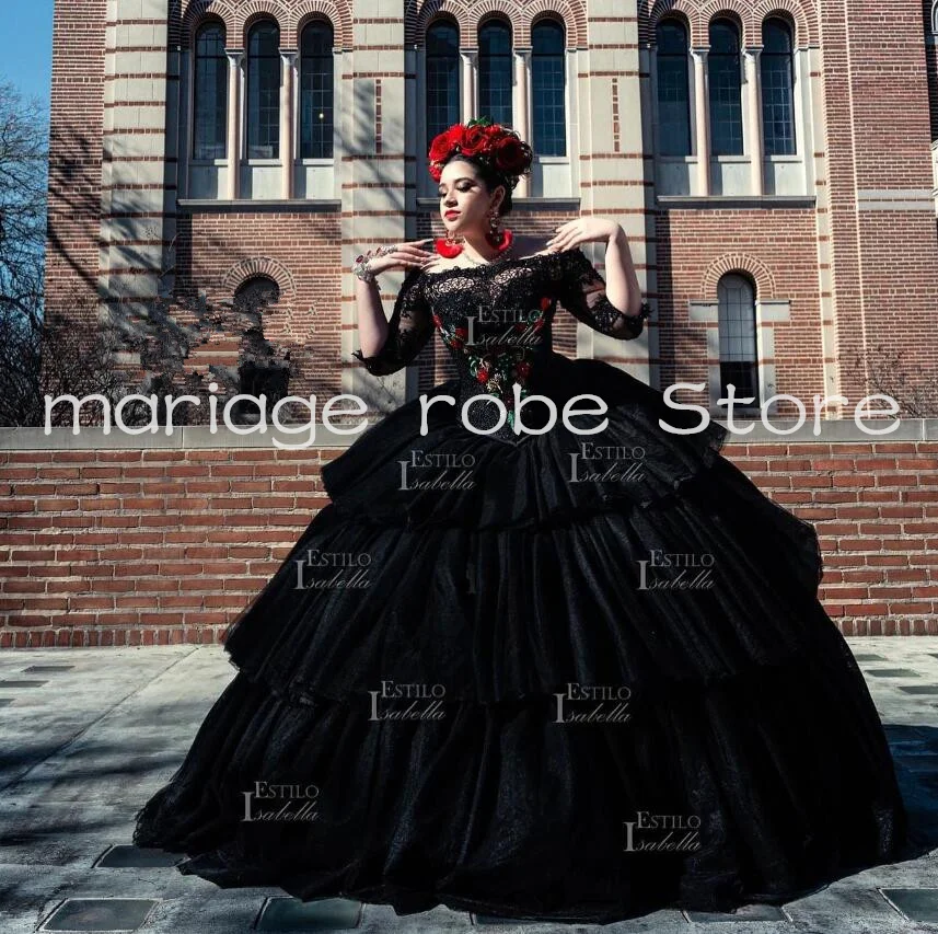 Schwarze Prinzessin Misquinceaños Kleider Charro mexikanische Königin Puffrock Stickerei Vestidos de 15 Años süße 16 Ballkleid