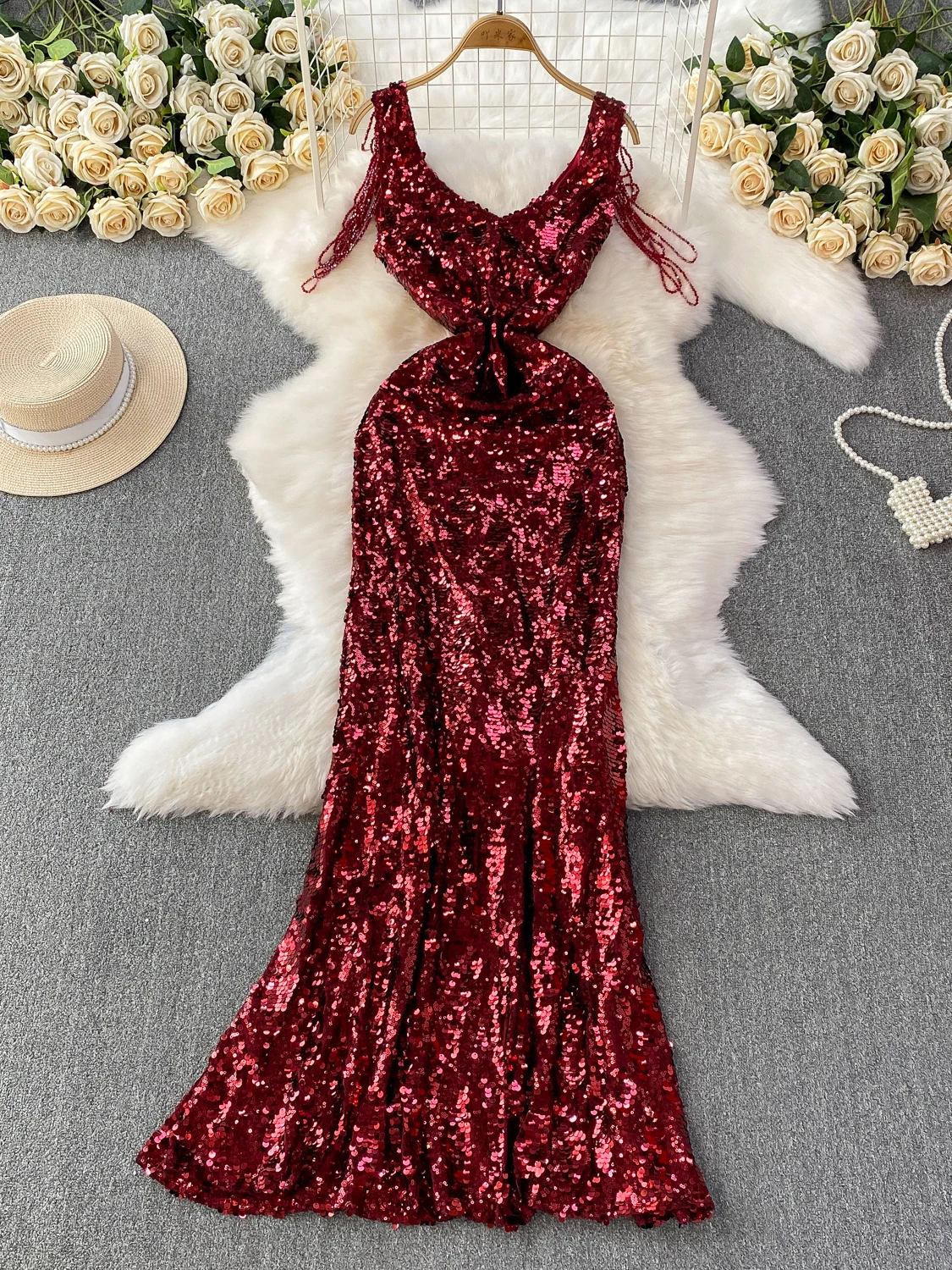 우아한 v 넥 스팽글 드레스 여성 하이 웨이스트 a 라인 스커트 민소매 반짝 이는 패브릭 여름 통근 공식 행사 드레스