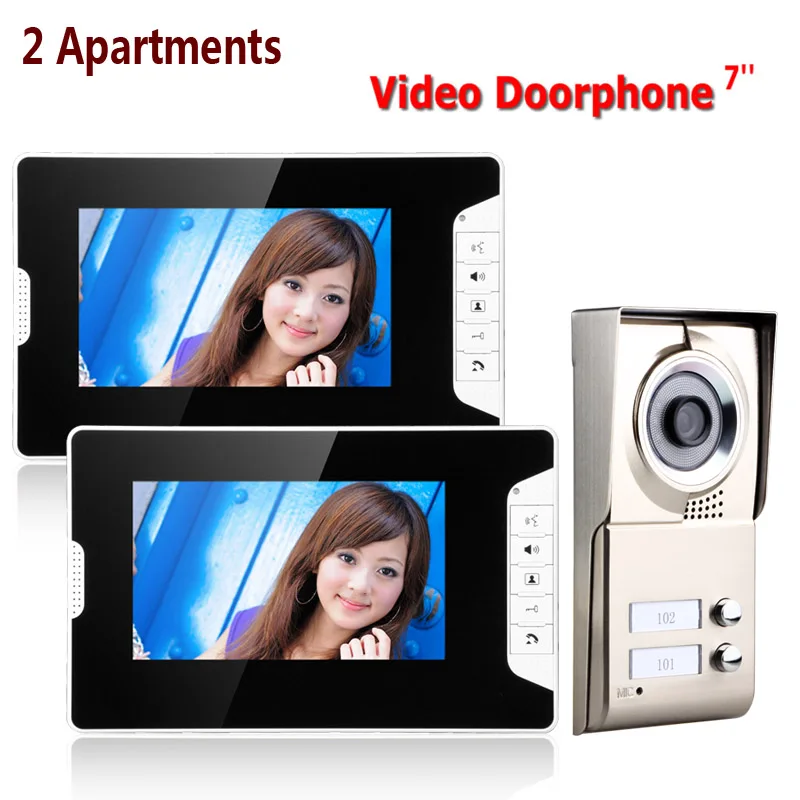7inch 2 Apartments Waterproof Video Door Phone Intercom System hd Doorbell Camera with 2 Button 2 Monitor for Home Security