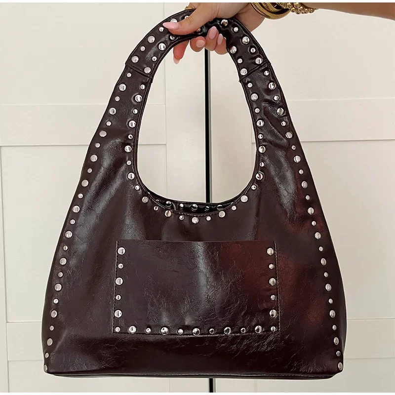 Retro Rivet Decorative Shoulder Bag, Trendy Studded Purses, Punk Inspired - Motorcycle, PU Leather Underarm Handbag For Women