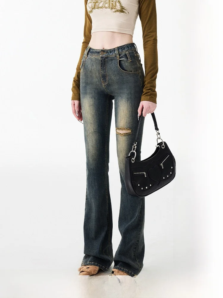 

JINN STUDIO винтажные джинсовые утягивающие длинные джинсы-боты с колокольчиками, износостойкие женские джинсы премиум-класса с отверстиями