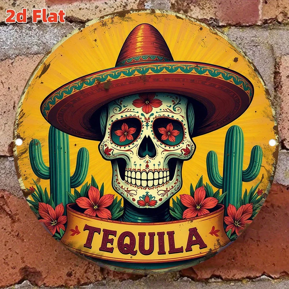 Panneau de bar mexicain rétro 2D - Décoration murale ronde en métal sur le thème du Tequila avec un sombrero, des cactus et un motif floral