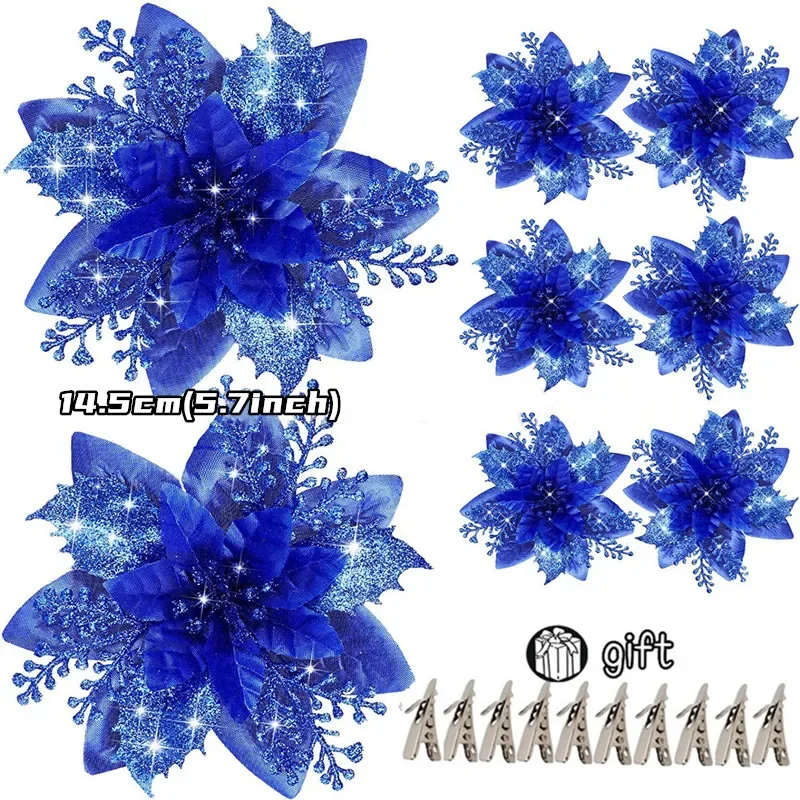 10/5/1pcs 14.5cm Glitter Artifical Christmas Flowers  Christmas Tree Decoration Happy New Year Ornaments Xmas Fake Flowers natal