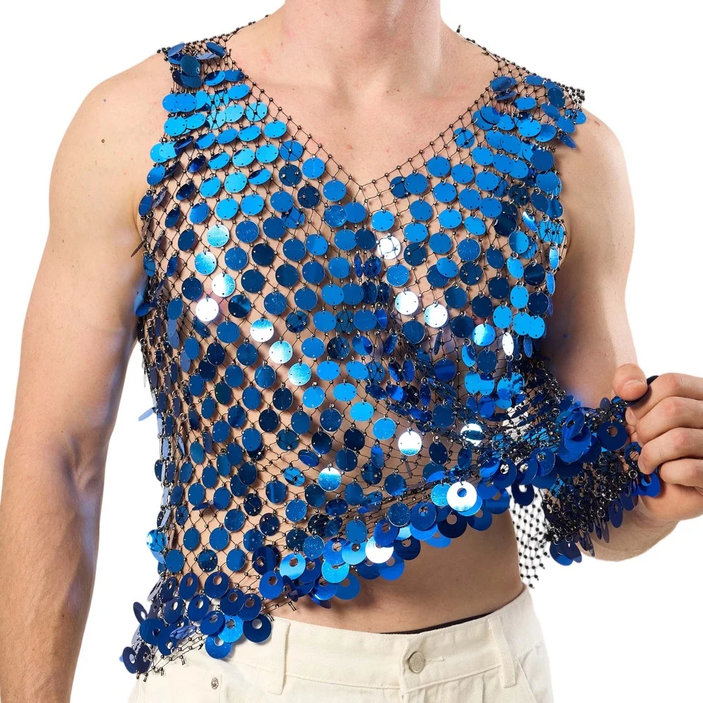Stylish Men's Hollow Out Sequin Vest Music Festival Party Nightclub Tank Tops See-through Rave Performance Costumes for Men