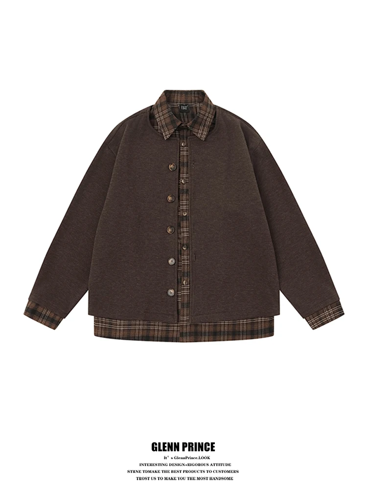 

Мужская винтажная вязаная куртка GPstudio свободного кроя в клетку, имитация двухслойной, на пуговицах, повседневная, весна-осень, модная