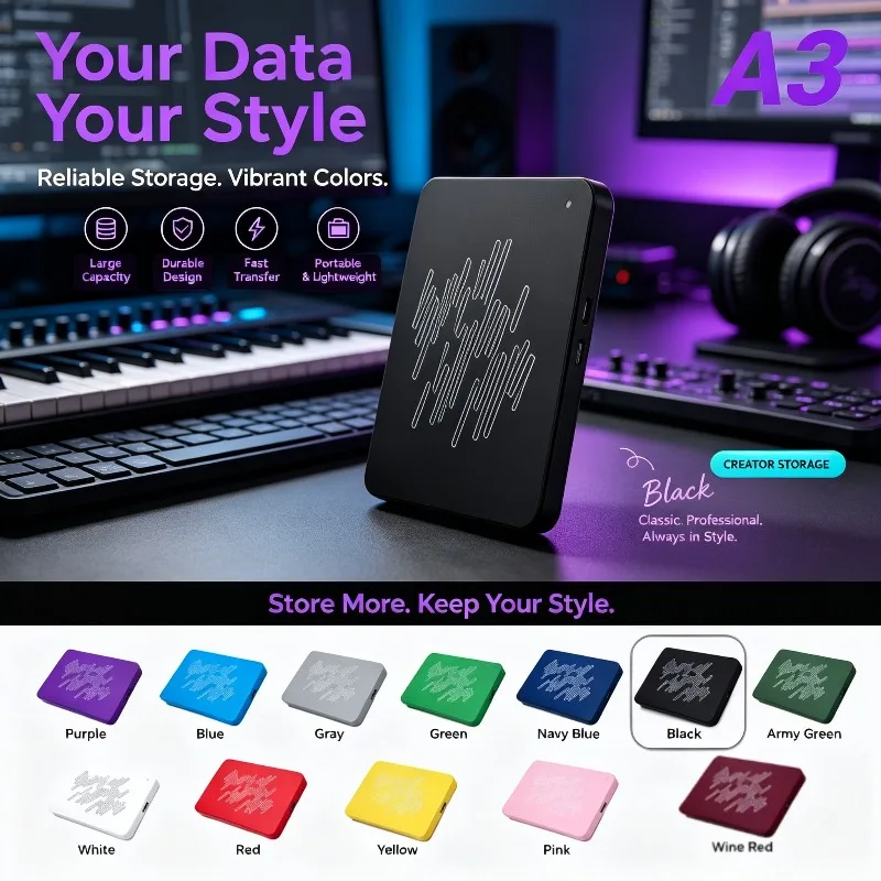Portable A3 Series New USB3.0 SSD External Hard Drive, 4TB 2TB 1TB 500GB Matte Solid State Disk for Office & Gaming Console Safe
