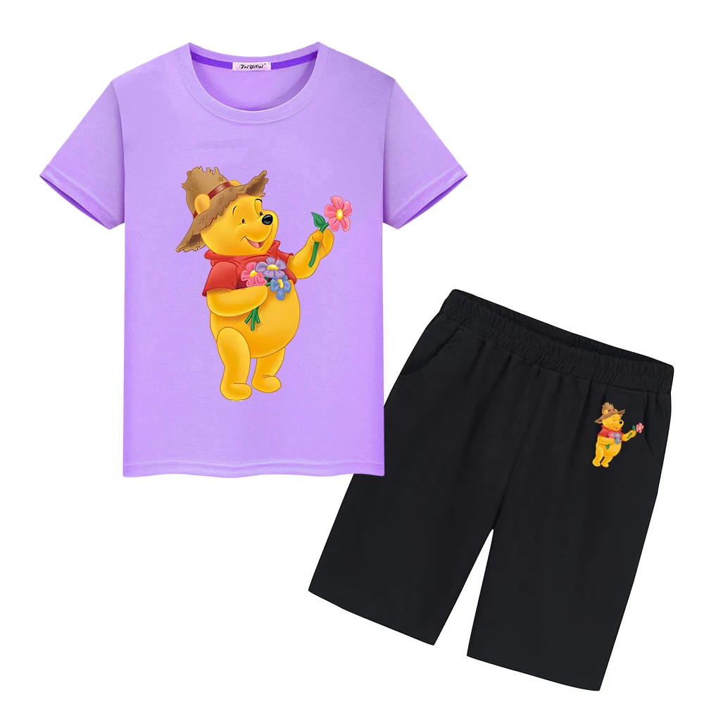 

Pooh Bear Print 100%Cotton T-shirt Short+pant Kawaii Anime Tees Cute Tshirts kids boutique clothes Disney boys girls Sports Sets