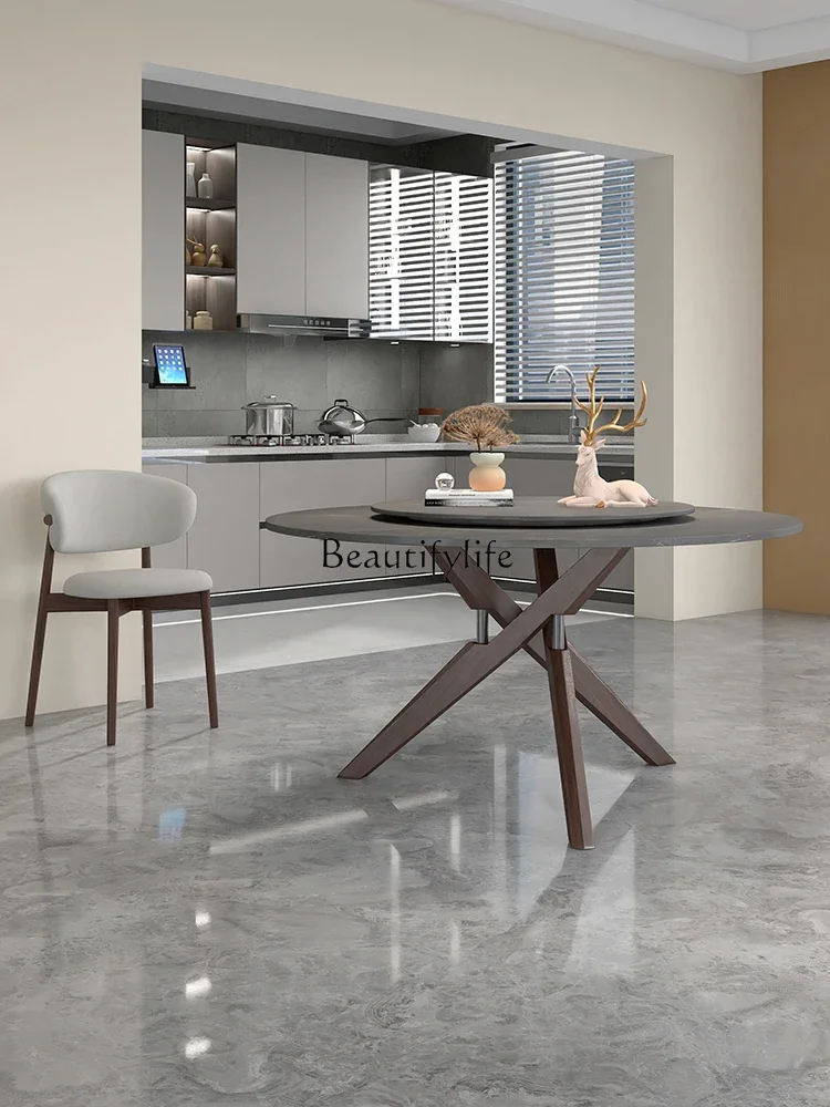 

FG26White Wax round Dining Table Household Stone Plate Solid Wood round Dining Table with Turntable