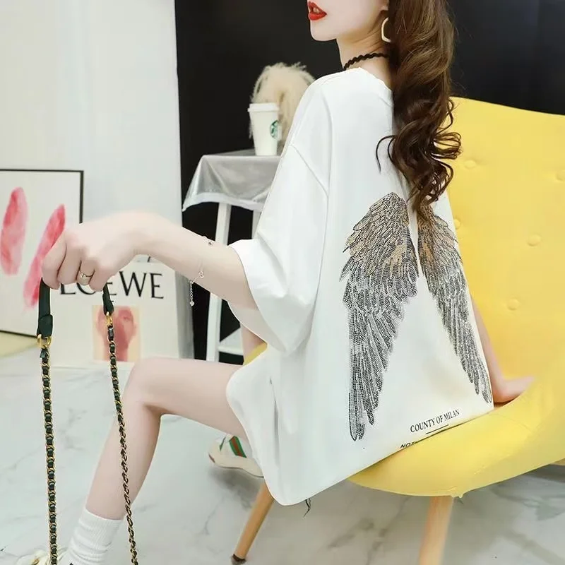 Women's Design Niche Net Red Versatile Loose Medium Length Loose Pattern T-Shirt Short Sleeve 2022 New Summer Angel Wings Print