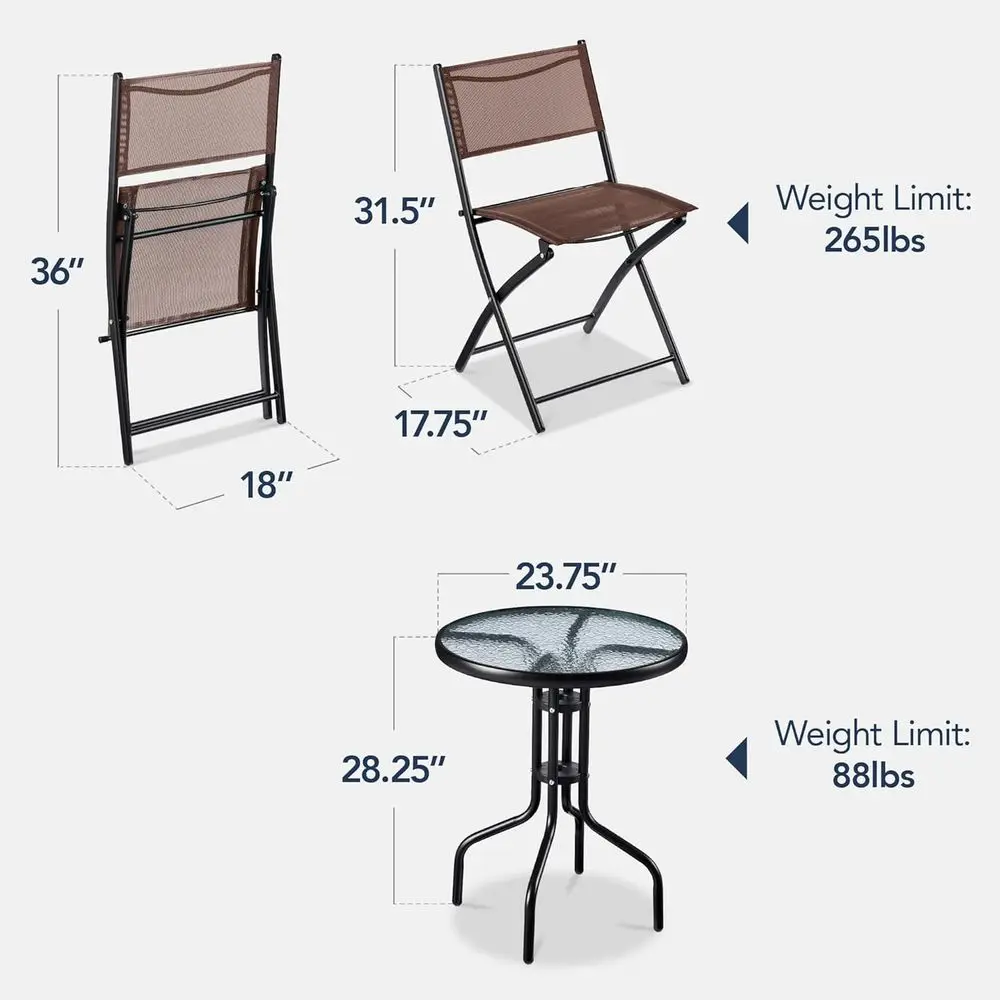 3-Piece Patio Bistro Dining urniture Set w/Textured Glass Tabletop, 2 Steel olding Chairs, Polyester abric - Brown