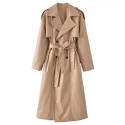 Suninheart Women Fashion with Belt Faux Leather Trench Coat 2023 Summer Vintage Long Sleeve Front Pockets Female Outerwear Chic