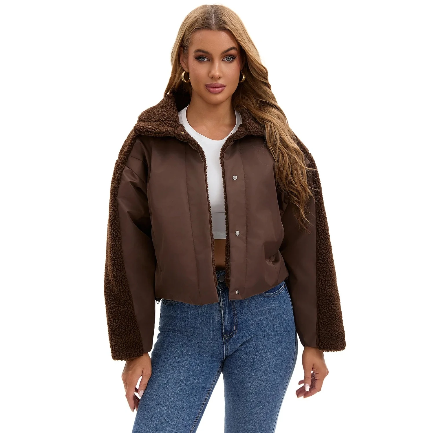 

Spliced Padded Jacket for Women 2025 New Short Loose Fit Cotton Coat Fleece Lined Warm Winter Fashion Parka