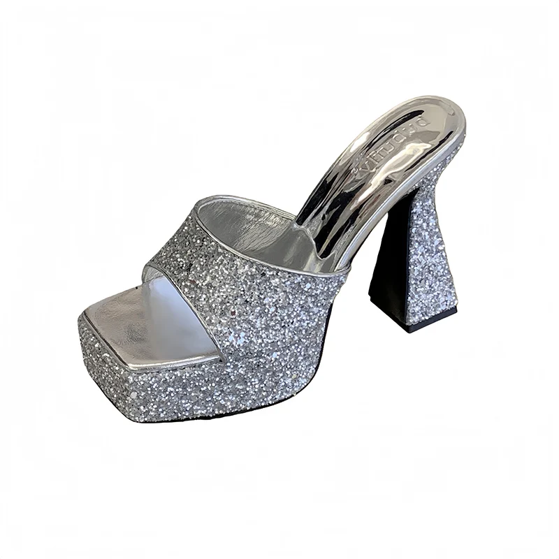 

Золотые туфли-мюли для женщин, черные с пайетками, на массивной платформе, каблук 12 см, летние босоножки, женские туфли, новинка 2026