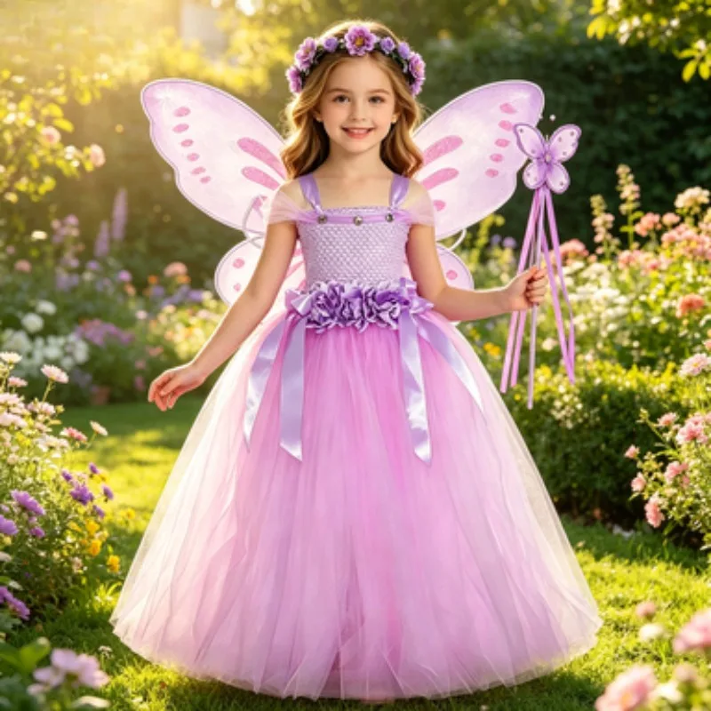 Little Girls Purple Fairy Long Dress, Elf-style Tulle Puffy Outfit with Butterfly Wings, Kids Halloween Performance Costume Set