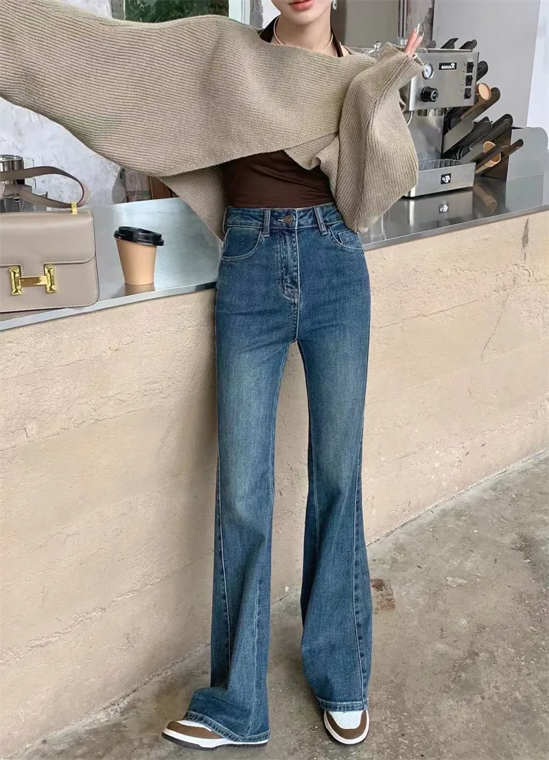 

High Waist Flared Jeans Women's Autumn Winter Slimming Long Pants Elastic Floor-Length Versatile plus Size Deep Blue Denim