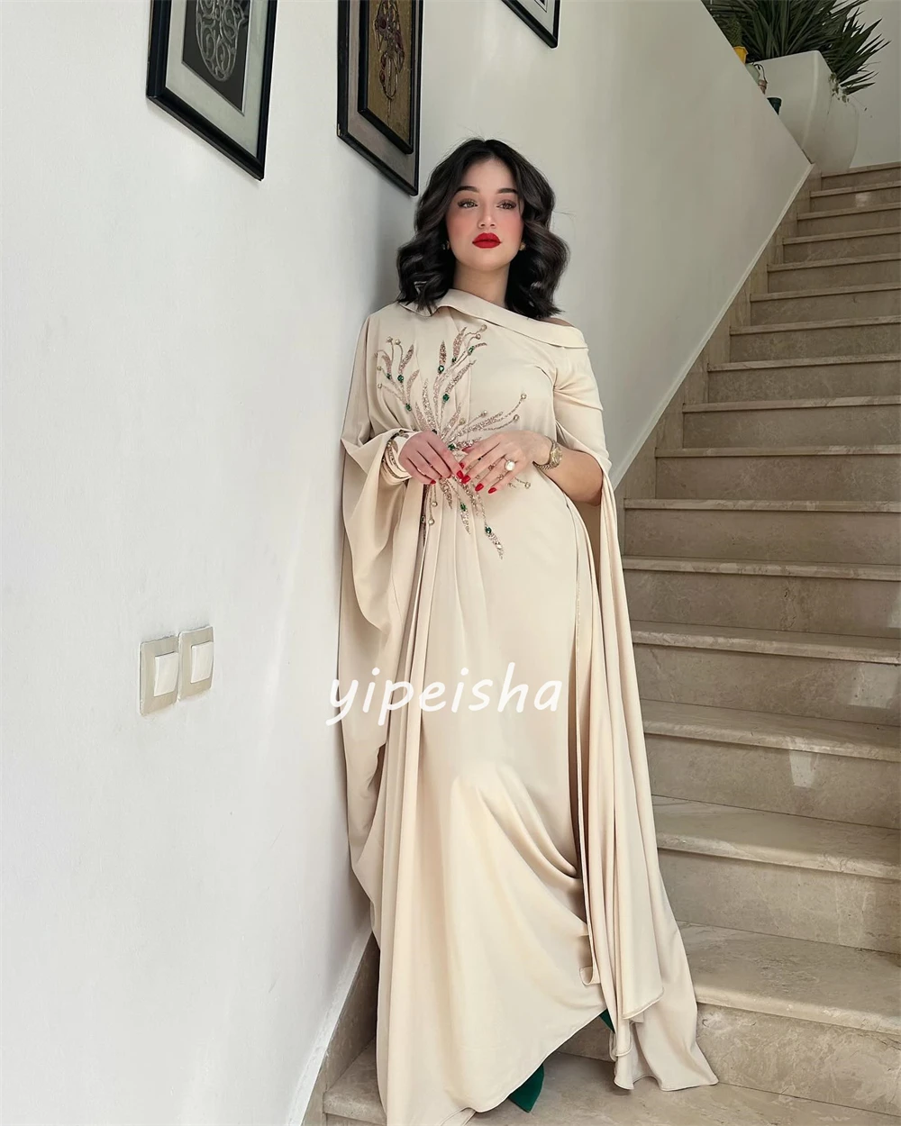 Classic Jersey Sequined Beading Ruched A-line High Collar Long Dresses Celebrity Dresses Exquisite Modern Style Pastrol Unisex