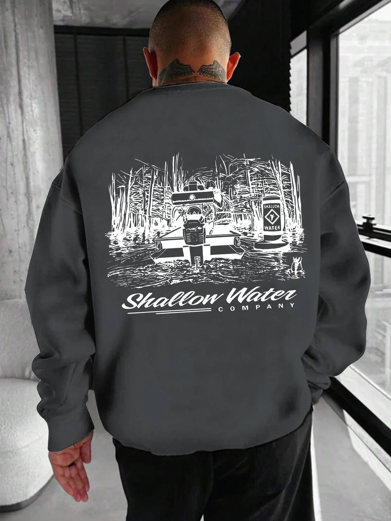 Men's Crew Neck Sweatshirt Shallow Water Company Swamp Boat Forest Graphic Print Long Sleeve Pullover Outdoor Street LooseJumper