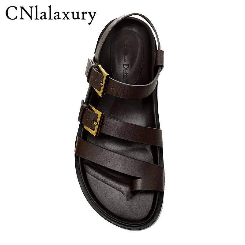 Original Quality Buckle Slingback Sandals Pinch Toe Flat with Casual Leather Women Sandals Summer Gladiator Vacation Shoes 2024